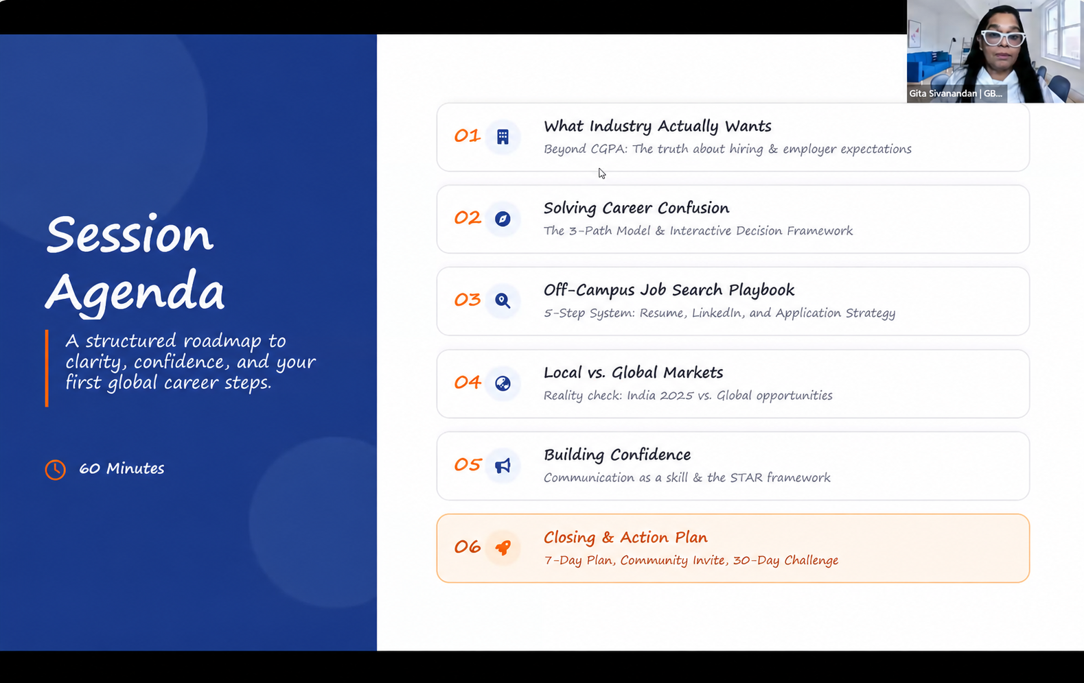 Screenshot of a career guidance webinar with Gita Sivanandan, showing the session agenda