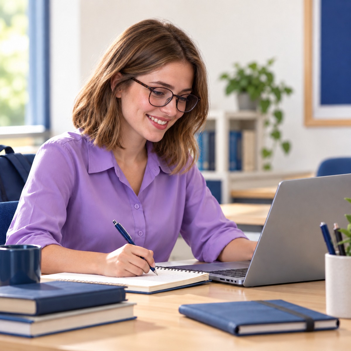 A student taking notes while working on a laptop