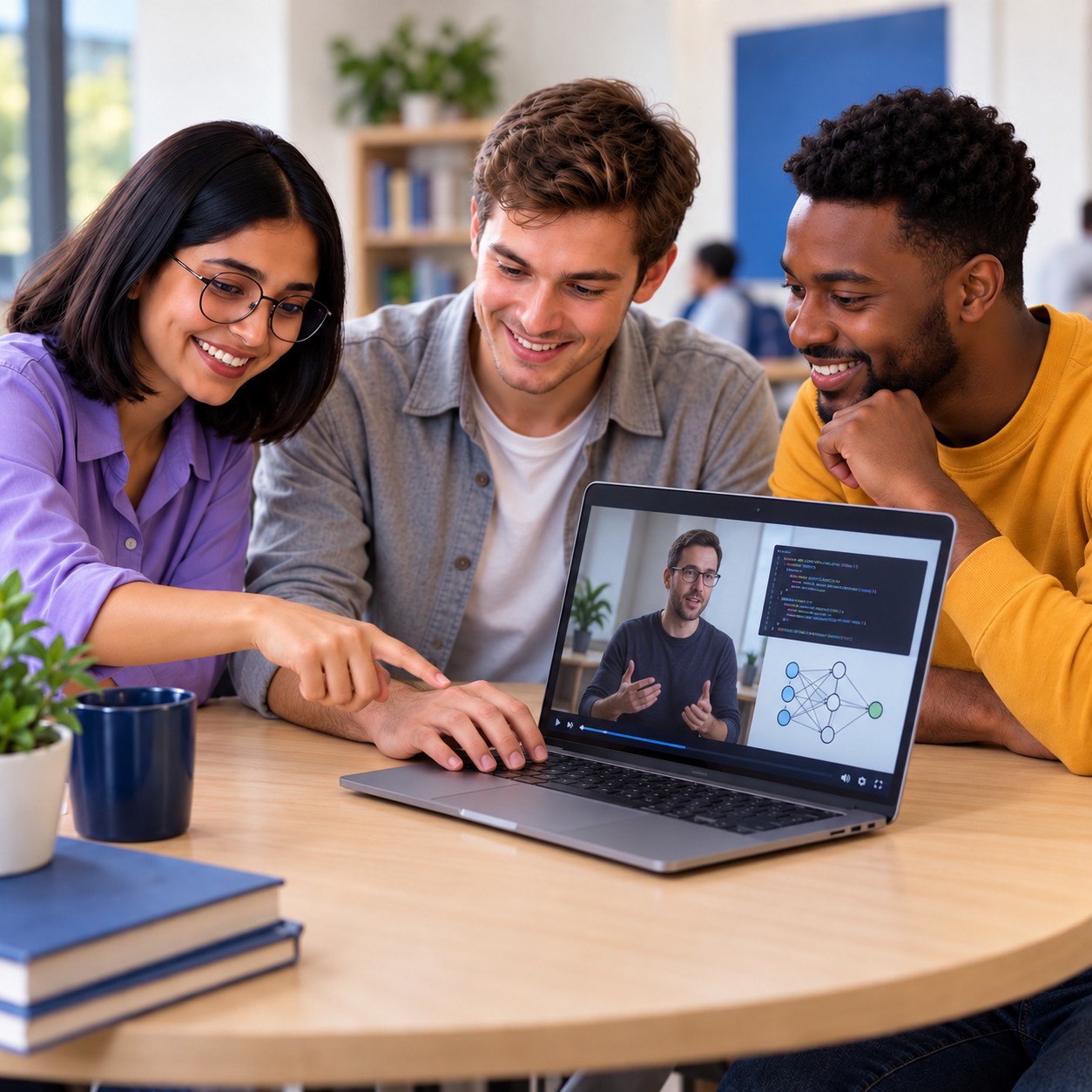 Three students working together on a laptop with an online instructor on screen