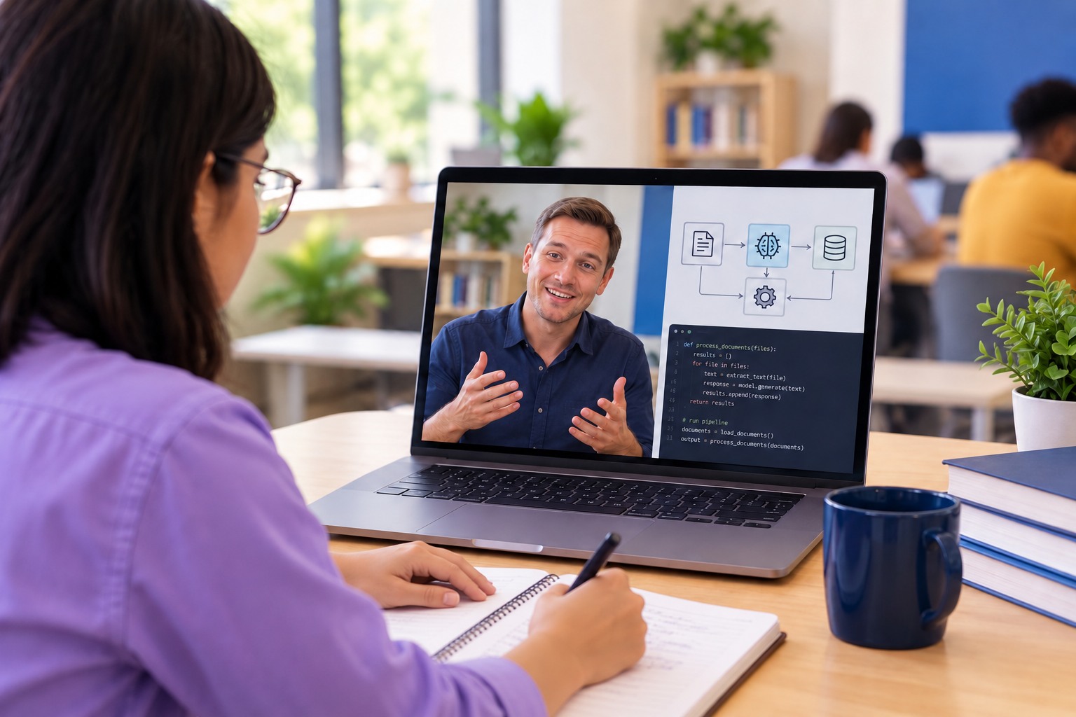 A student watching an instructor teach AI on a laptop