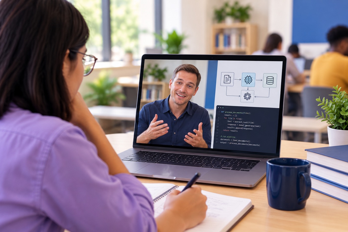 A student watching an instructor teach AI on a laptop